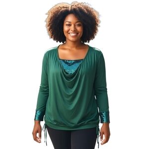 Womens Blouse Top XXL Green Drape Sequins Front Cuff Stretch Knit Long Sleeve